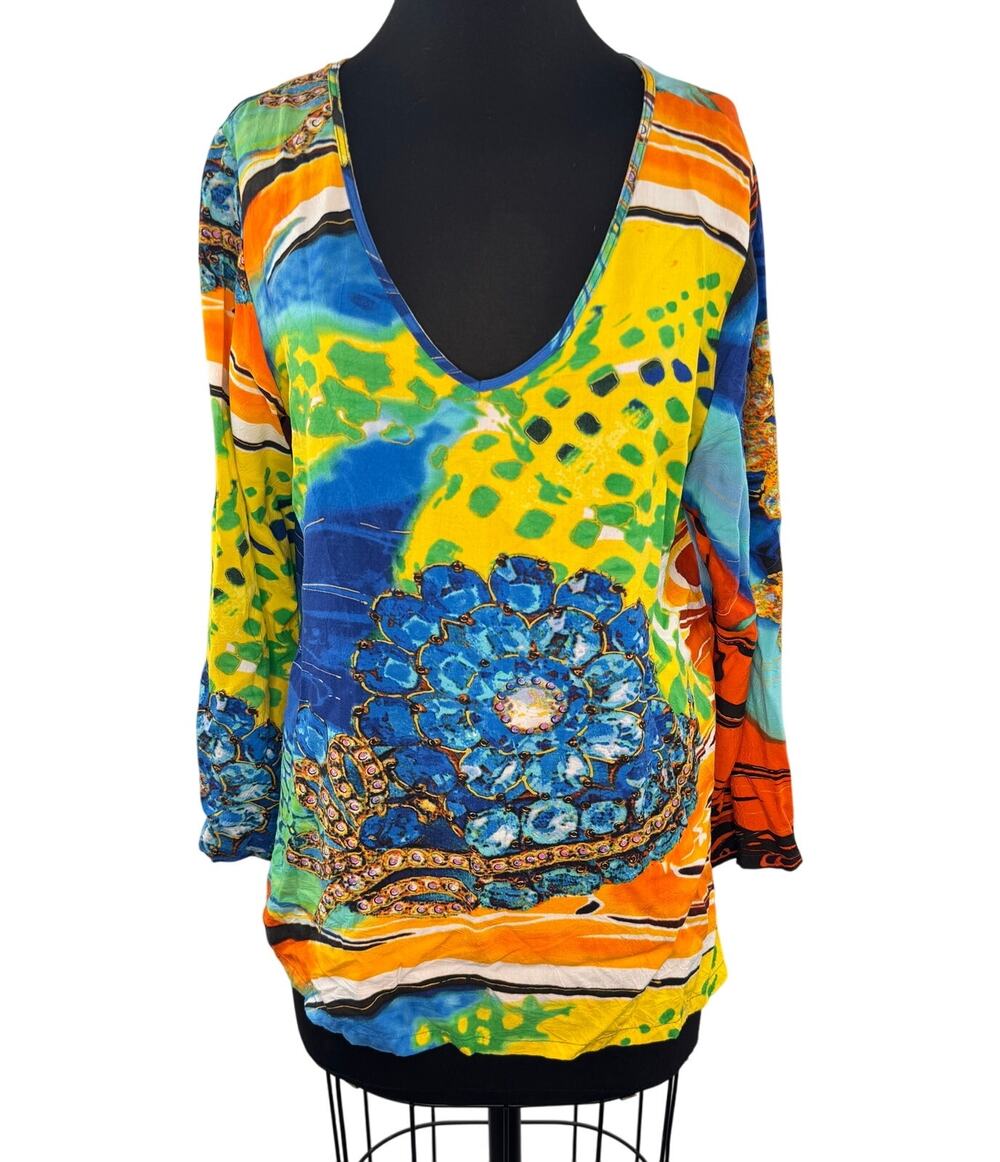 VTG 1990's Jams World Alize Multi Hawaii Blouse Top Deep V-Neck Casual M Medium